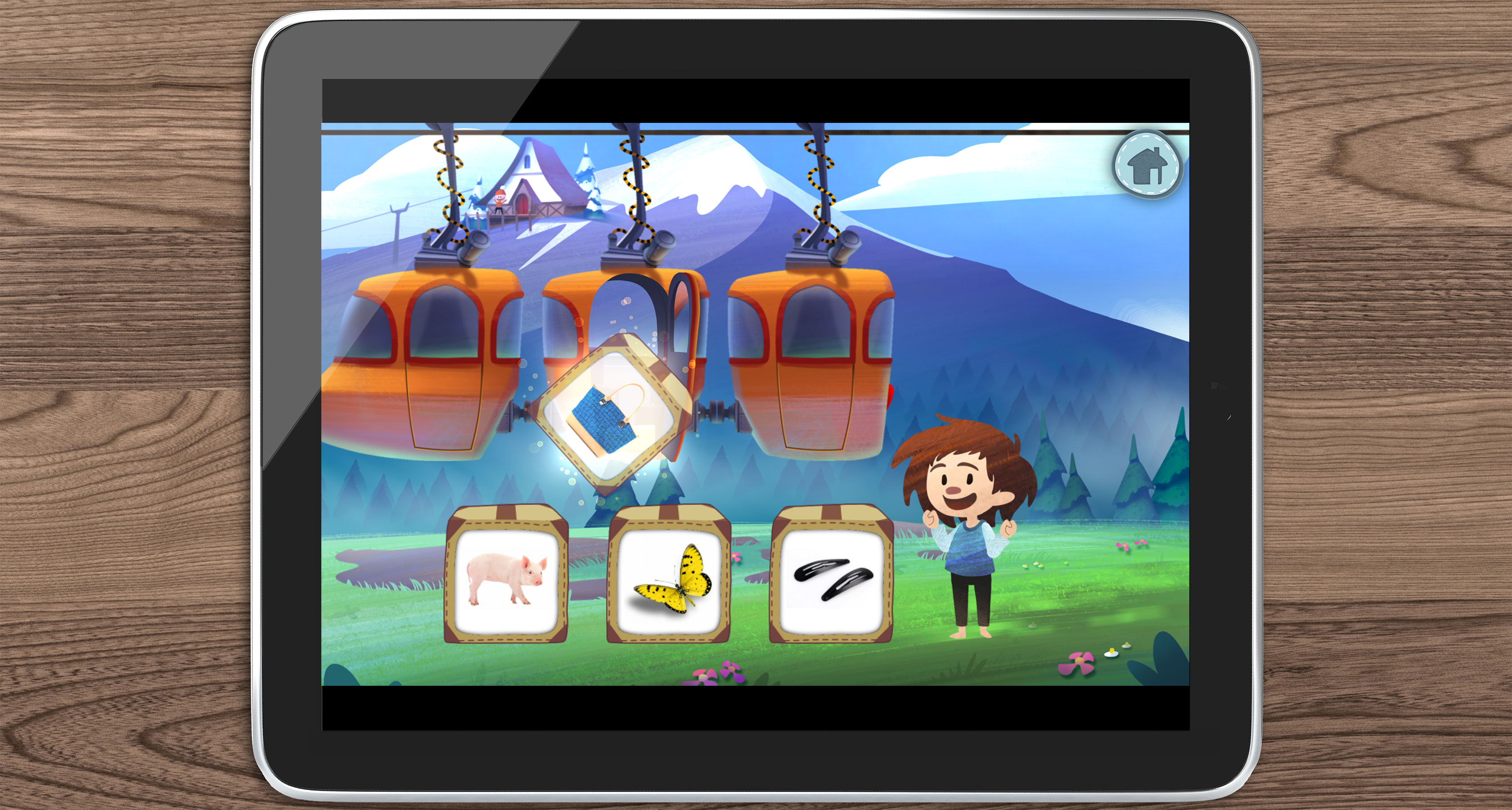 Auf einem Tablet-Bildschirm ist ein Screenshot der Neolexon-App zu sehen auf. Ein Junge steht vor einer Gondelbahn. 