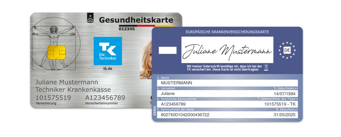 Vorder- und Rückseite der TK-Gesundheitskarte mit integrierter Europäischer Krankenversicherungskarte (EHIC).